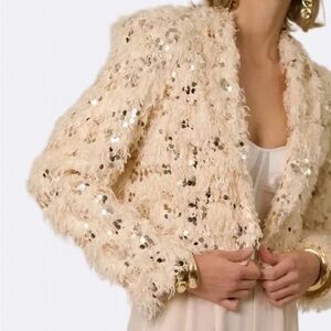 NONchalant Cream Sequin Fringe Cropped Jacket